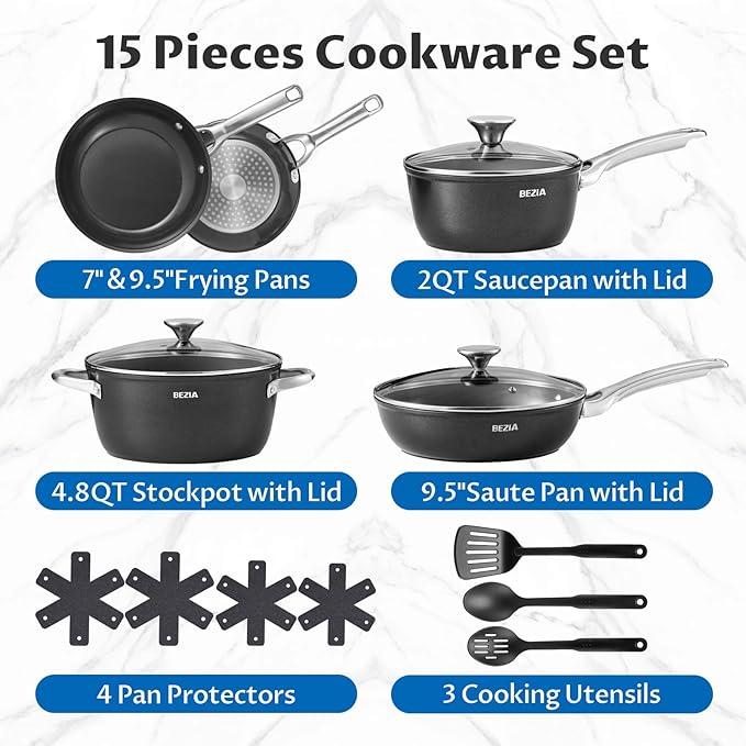 BEZIA Induction Cookware Set 15-Piece Pots and Pans Set Non Stick with Ceramic Coating Induction Pots Set with Stainless Steel Handles ＆ Lids Oven Safe Compatible with All Stoves