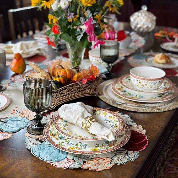 Fleurs des Prairies Bone China Dinnerware Set of 16 for 4 persons Handmade Reactive Glaze Dishes SetChip Resistant and Scratch Resistant Oven&ampDishwasher &amp Microwave SafeService for 4