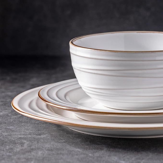 GBHOME Ceramic Dinnerware Sets 24 pcs Embossed Elegant Stoneware Plates and Bowls Sets Housewarming Wedding Gift | Dishwasher &amp Microwave Safe | Dishes Set Service for 8
