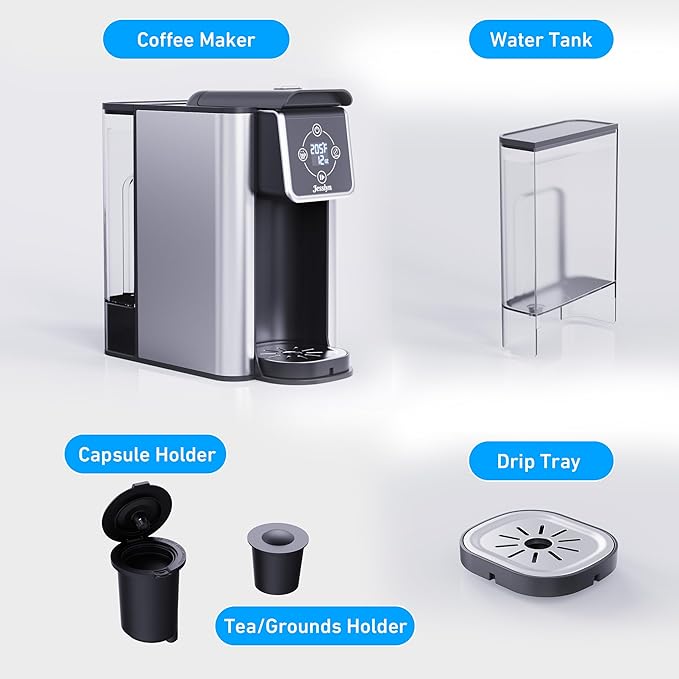 Jesslyn Single Serve Coffee Maker with Bold Setting 52oz Removable Water Tank Compatible with Coffee Pods &amp Grounds 6-14oz Adjustable Brew Sizes Includes Reusable Filter (Black)