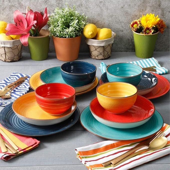 12 Piece Mix and Match Double Bowl Stoneware Dinnerware Set Modern Swirl Design Dishwasher Microwave Safe Multi Colored Yellow Red Blue Dinnerware Set Dinner Plates Salad &amp Cereal Bowls Set