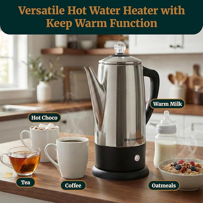 Elite Gourmet EC812 Electric 12-Cup Coffee Percolator with Keep Warm Clear Brew Progress Knob Cool-Touch Handle Cord-less Serve Stainless Steel