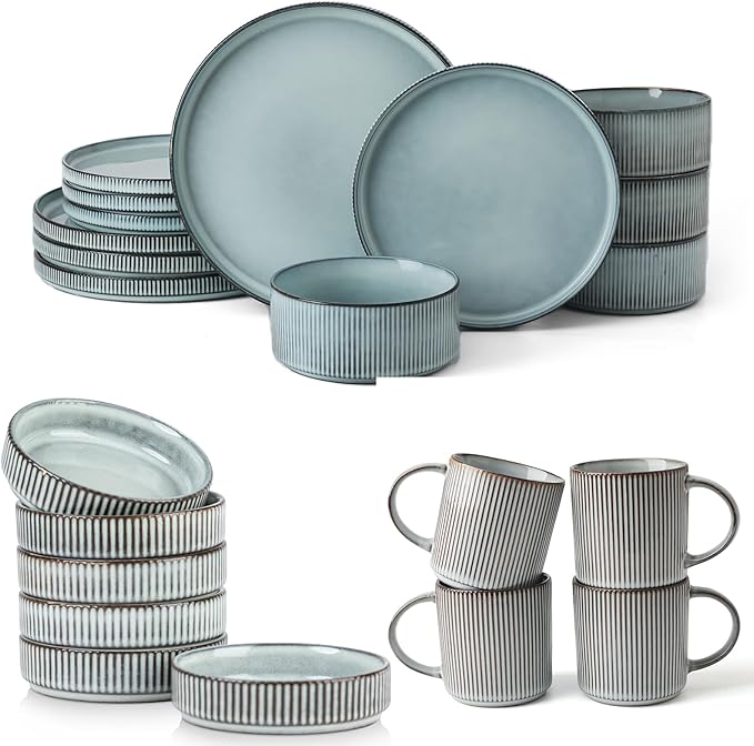 Famiware Dinnerware Set for 4 (12 Piece) and Coffee Mug Set for 4 (12 oz) - Smoky Blue