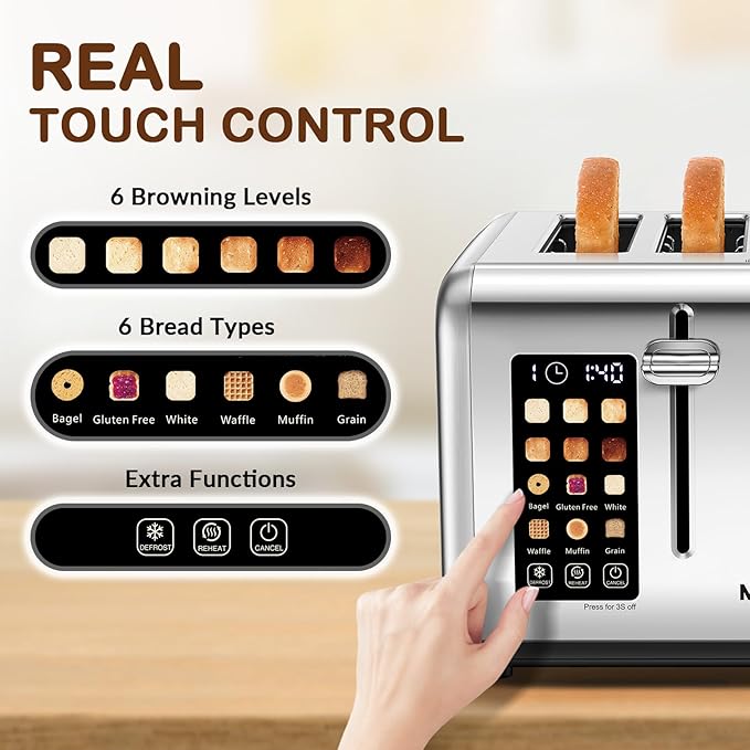 Mecity 4 Slice Toaster with Touch Screen Control 4 Wide Slots Stainless Steel Smart Bread Toaster for Bagels Muffins Waffles Dual Control Panel Timer Defrost Reheat 120V 1650W
