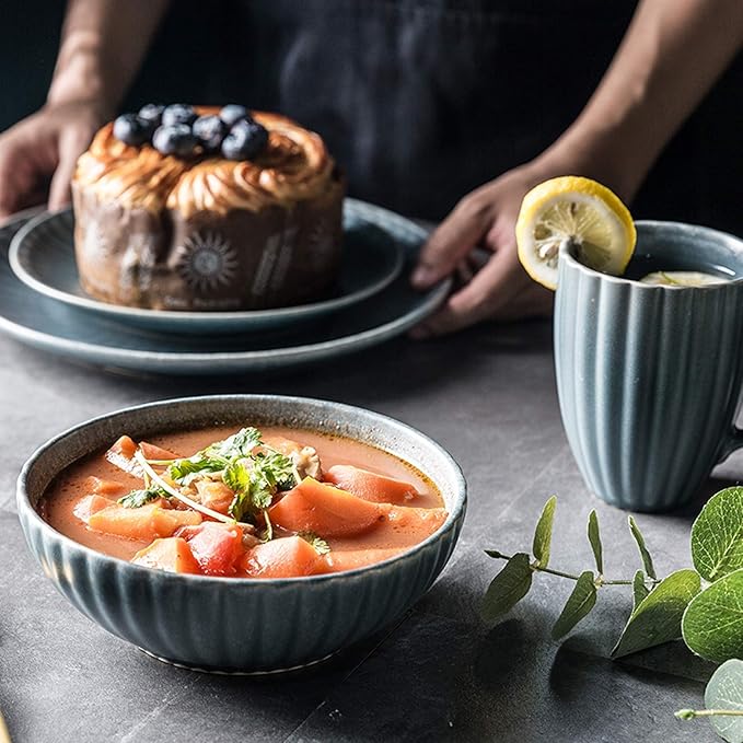 Porcelain Dinnerware Sets Retro Style Three-Dimensional Relief Cereals Bowls And Steak Plates Sets | 22 Pieces Ceramics Dinner Combination Set With Mug