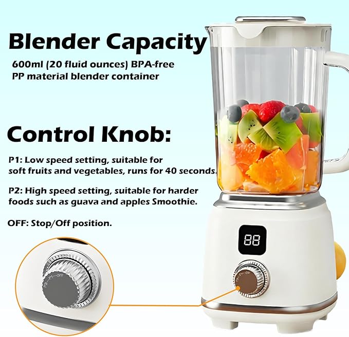 Portable Blender 600ml personal blender Cordless Smoothie Maker with 10-Blade 304 Stainless Steel 3000mAh Rechargeable Battery BPA-Free 2 Speed Settings