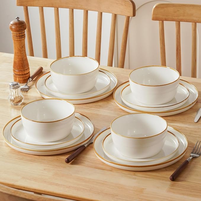 Yachi Plates and Bowls Sets 12 Pieces Modern Style Porcelain Dinnerware Set for 4 Kitchen Dinner Set Ceramic Lightweight Dishware Dishes Set Microwave and Dishwasher SafeWhite Reactive Series