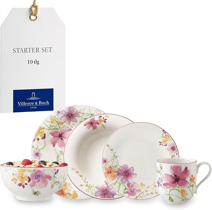 Villeroy &amp Boch 10-4100-8953 Starter Set 10pcs Mariefleur Basic Table Service 10 Pieces Elegant Crockery in a Floral Pattern Premium Porcelain White/Multi-Coloured Dishwasher Safe