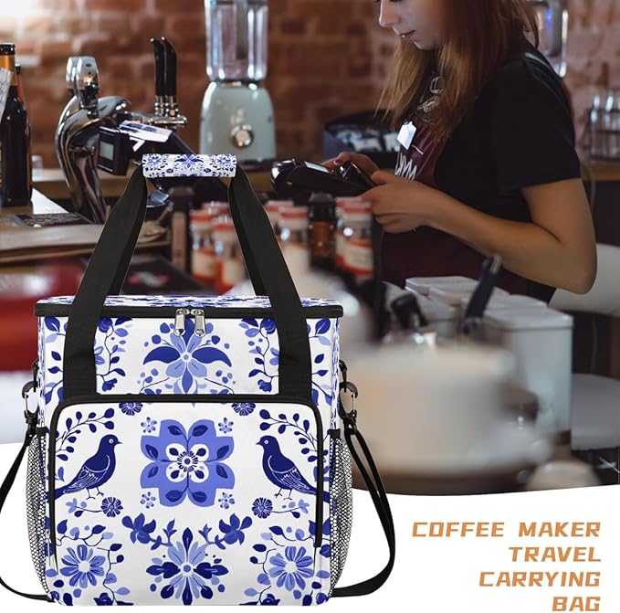 Talavera Mexico Bird Flower Coffee Maker Carring Bag Travel Carrying Storage Tote Bag Compatible with Keurig K-Mini or K-Mini Plus Portable Single Serve Coffee Brewer Case with Pockets for K-cup Pods