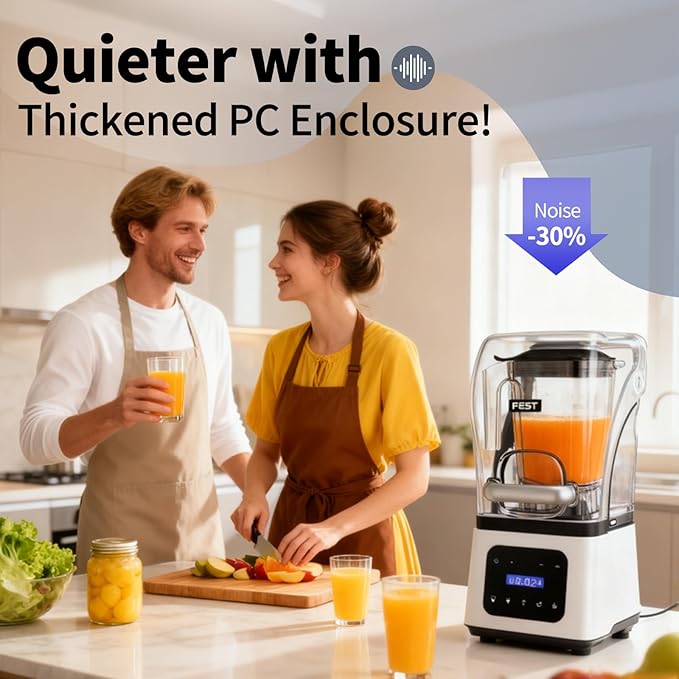 Commercial Blender 2200W Heavy Duty Countertop Blender Quiet Shield Sound Enclosure 6-Blade System DIY Timer &amp 9-Speed 5 Preset ProgramsSmoothies Juices Shakes &amp Frozen Drinks 60oz Pit