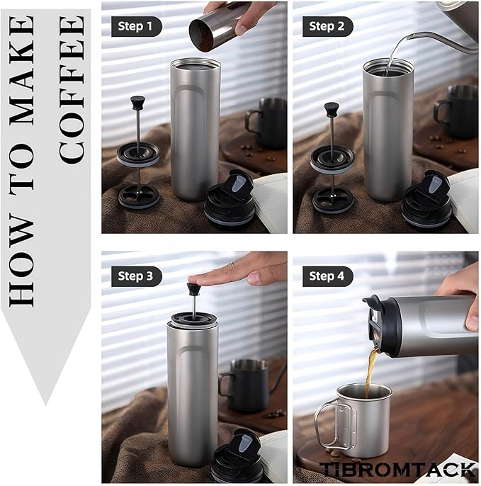 Pure Titanium French Press Coffee Maker 480ml(16.2 oz) Double - Layer Insulated Portable Lightweight Set for Outdoor Camping Ice Flower &amp Matte Finish (Ice crystals)