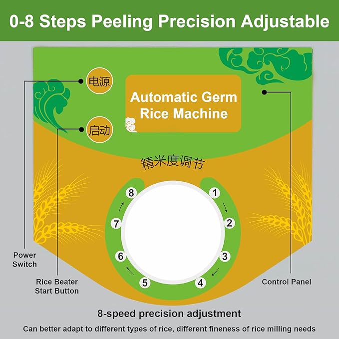 Household Rice Milling Peeling Machine Electric Paddy Rice Bran Separator 350 W Paddy Huller Sheller Hulling 8-Speed Fine Degree Adjustable Movable Rice Bran Box Alloy Steel Knife