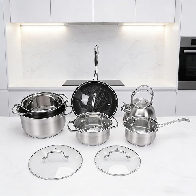Zerodis Induction Cooker Pot Kit Stainless Steel Cookware Set Premium Flat Bottom Pots Heat Handles Kits with Kettle Spatula Spoon for Kitchen Cooking