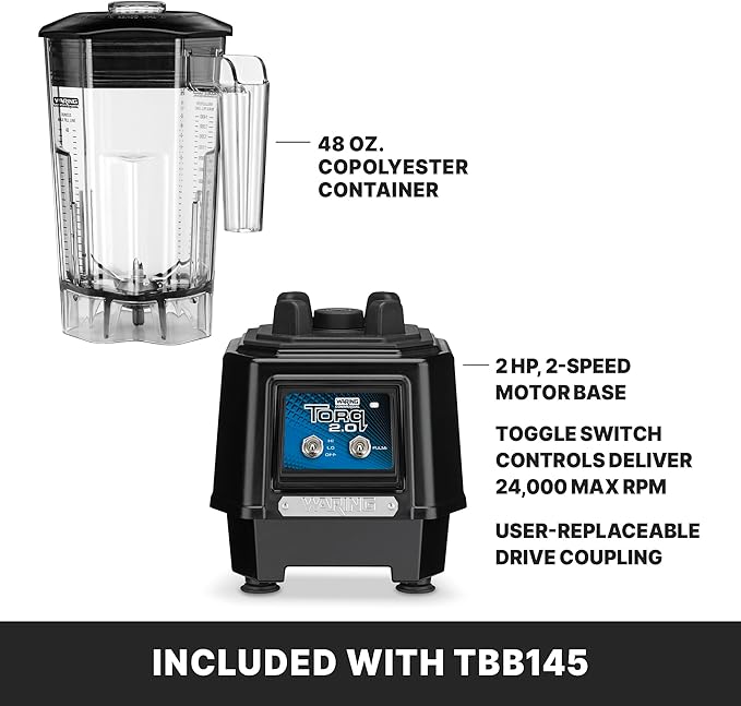 Waring Commercial TBB145 TORQ 2 Horsepower Blender 2 Speed Toggle Switch Controls with 48 oz. BPA Free Container 120V 5-15 Phase Plug 9 x 15.75 x 11.5 inches Multicolor
