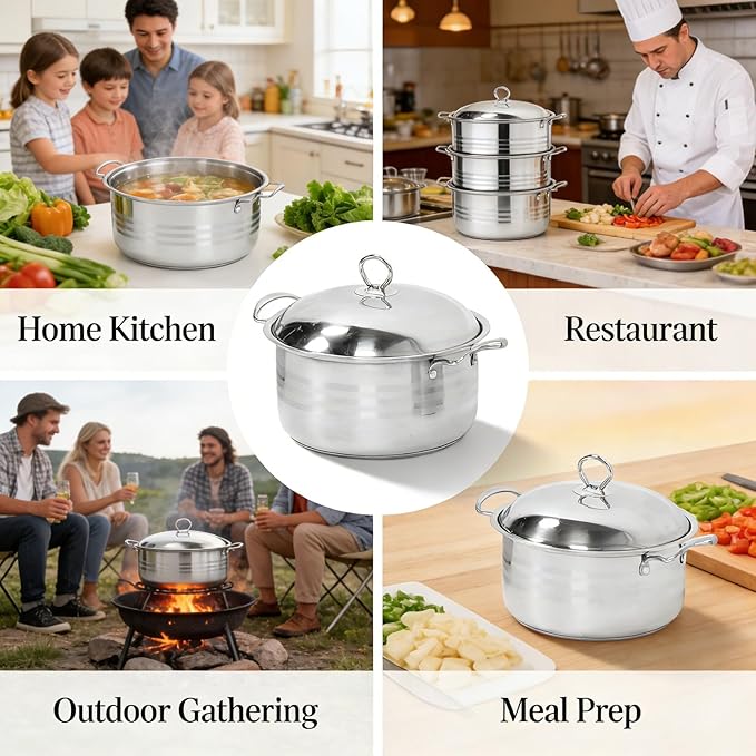 Stainless Steel Pot Kitchen Cookware Set 3 Piece Even Heat Distribution Pots with Lids Anti Stick Surface - Durable Construction Versatile Use for Home and Restaurant