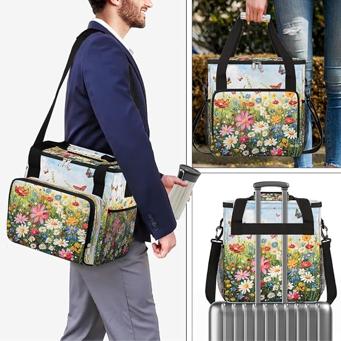 Flower Butterfly Oil Painting Coffee Maker Carring Bag Travel Carrying Storage Tote Bag Compatible with Keurig K-Mini or K-Mini Plus Portable Single Serve Coffee Brewer Case with Pockets