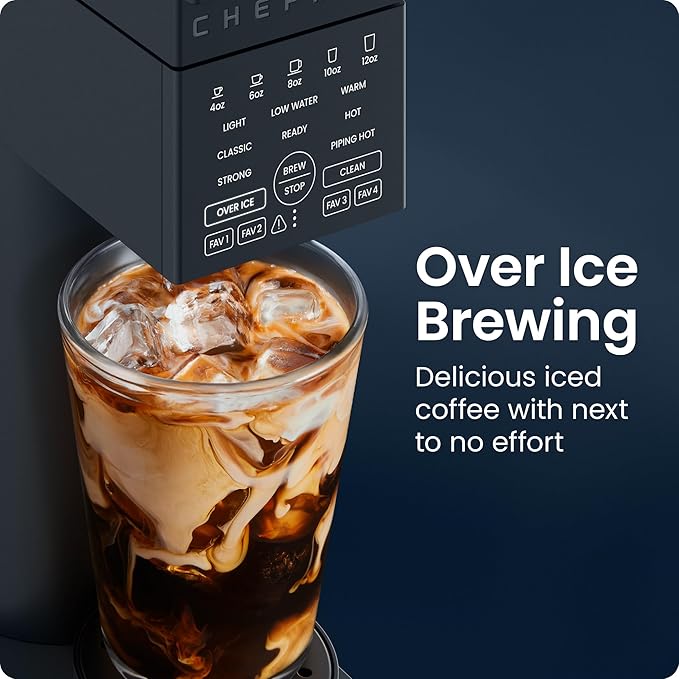 Chefman Caffeinator Single Serve Coffee Maker Brew Kcups &amp Grounds Drip Coffee Machine with Brew Strength Settings Iced Coffee Function 48 oz. Removable Water Reservoir