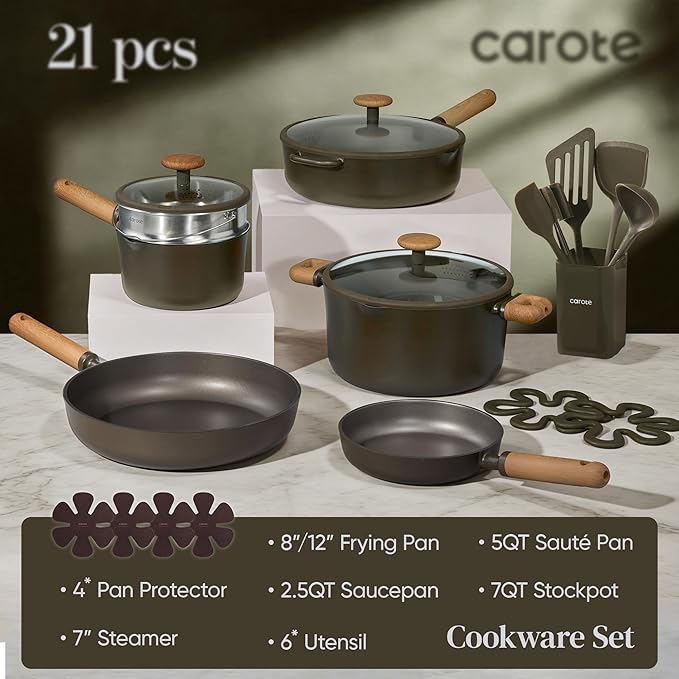 CAROTE Pots and Pans Set Non Stick 21PCS Cookware Set with Strainer Lid Induction Cooking Set with Kitchen Utensils Dark Green