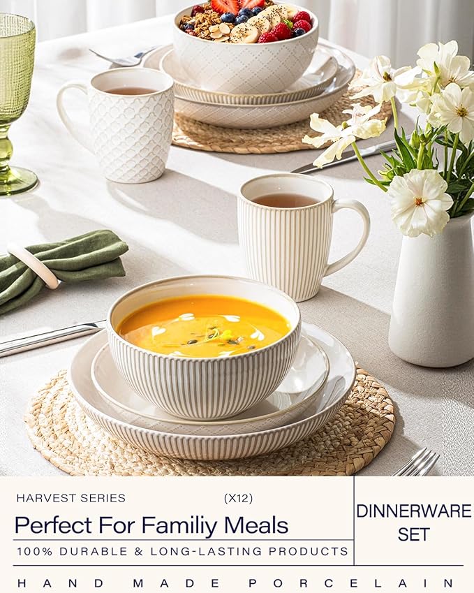 Getstar 12-Piece Dinnerware Sets Plates and Bowls Sets (9.2” Dish + 7.6” Dish + 6” Bowl) for 4 Microwave and Dishwasher Safe Ceramic Dinnerware Sets