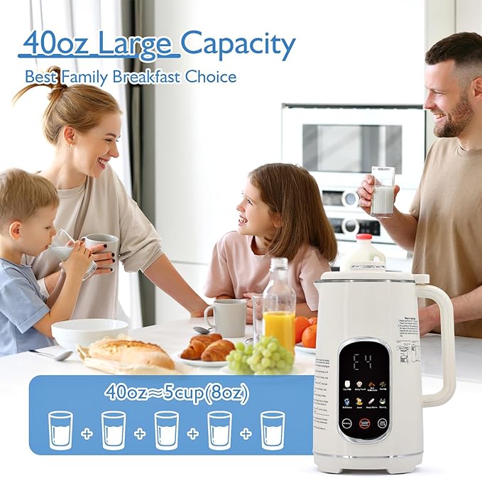 40oz Nut Milk Maker Machine 8-in-1 LED Panel Touch Screen Soy Milk Maker for Homemade Almond Soy &amp Oat Plant-Based and Dairy Free Beverages with 12H Delay Start &amp Self-Cleaning (White)