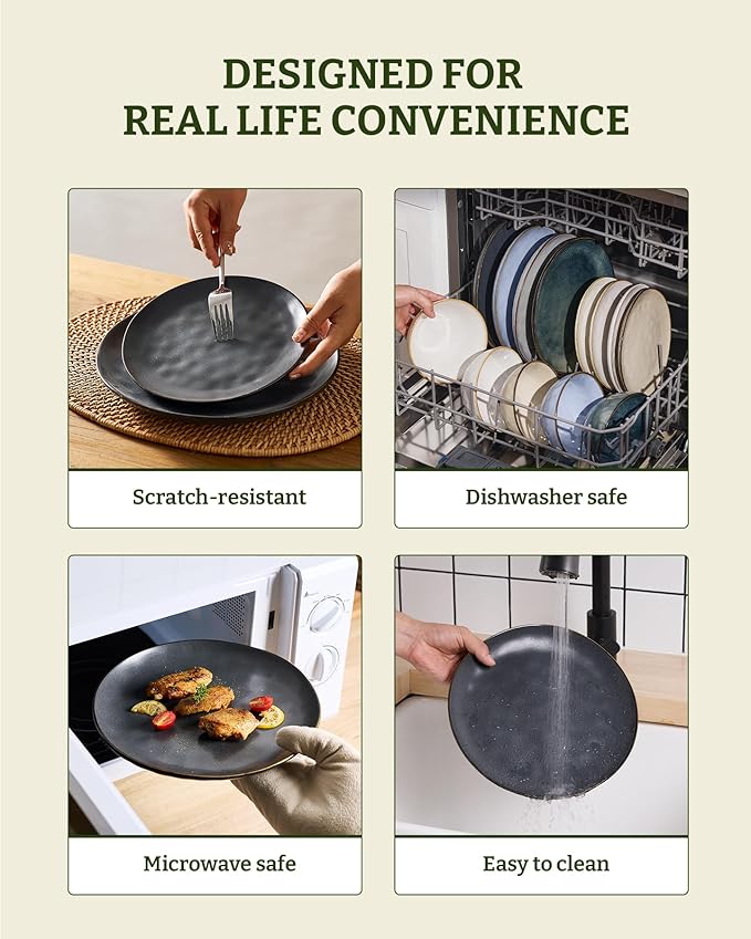 Famiware Dinnerware Sets for 8 Ocean Round 24-Piece Kitchen Plates and Bowls Sets Microwave and Dishwasher Safe Scratch Resistant Matte Black