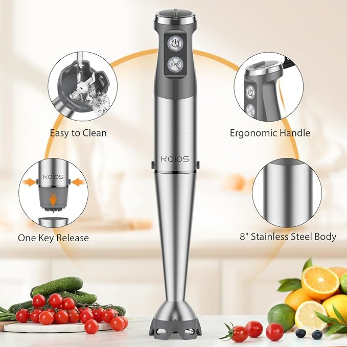 KOIOS Immersion Blender 1000W Anti-scratch 3-in-1 Hand Blender Upgraded 12 Speed Stainless Steel Blade Stick Blenders with Turbo Mode Whisk and Milk Frother Non-BPA