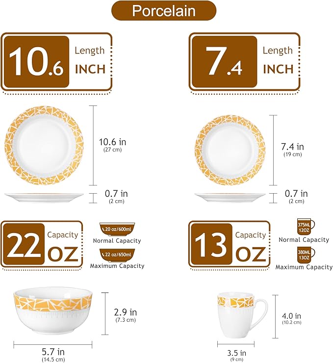 VEWEET Cecil Porcelain Dinner Service Set 16-Piece Crockery Set Includes 10.75 Inch Dinner Plates 7.5 Inch Dessert Plates 5.5 Inch Bowl and 380 ml Coffee Mug Complete Service for 4 People