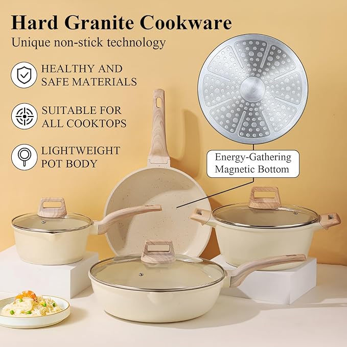 13 pcs Pots and Pans Set Nonstick Cookware Sets White granite Induction Cookware Non Stick Cooking Set Frying Pans &amp Saucepans PFOS PFOA Free (13 PCS)