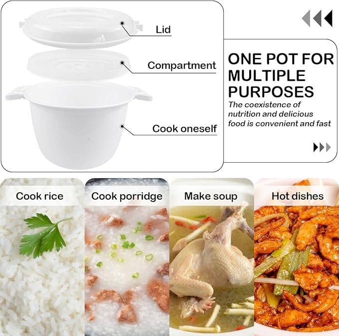 DOERDO Microwave Rice Cooker Round Microwave Food Container Vegetable Steamer Pot Microwave Cookware for Rice Chicken Pasta 7.8x6.1 Inch