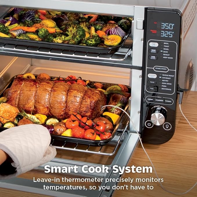 Ninja DCT451 12-in-1 Smart Double Oven with FlexDoor Thermometer FlavorSeal Smart Finish Rapid Top Convection and Air Fry Bottom  Stainless Steel