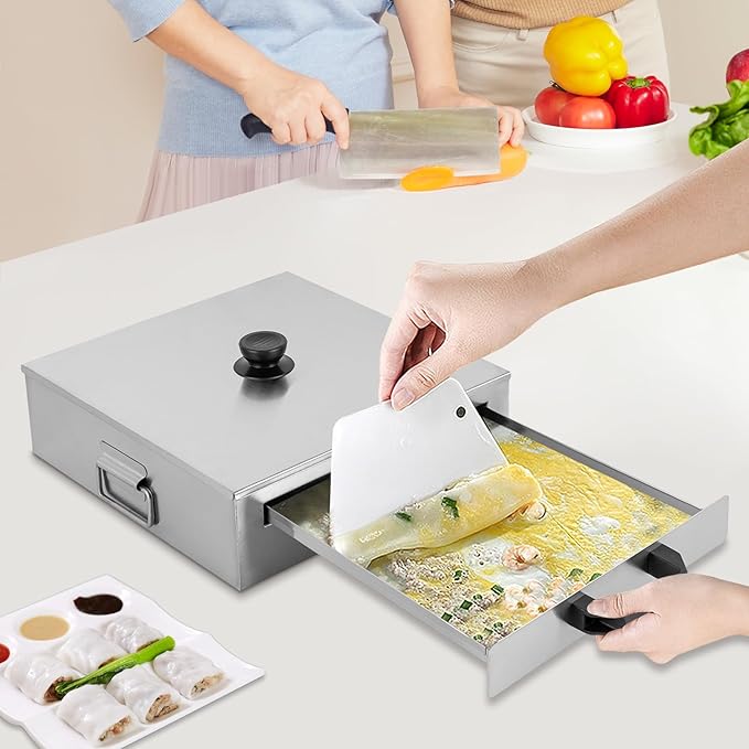 Rice Noodle Rolls Machine Top Open Chinese Rice Noodle Roll Food Steamer with Extra Tray Guangdong Changfen Cantonese Cuisine Household Cookware (1 Layer)