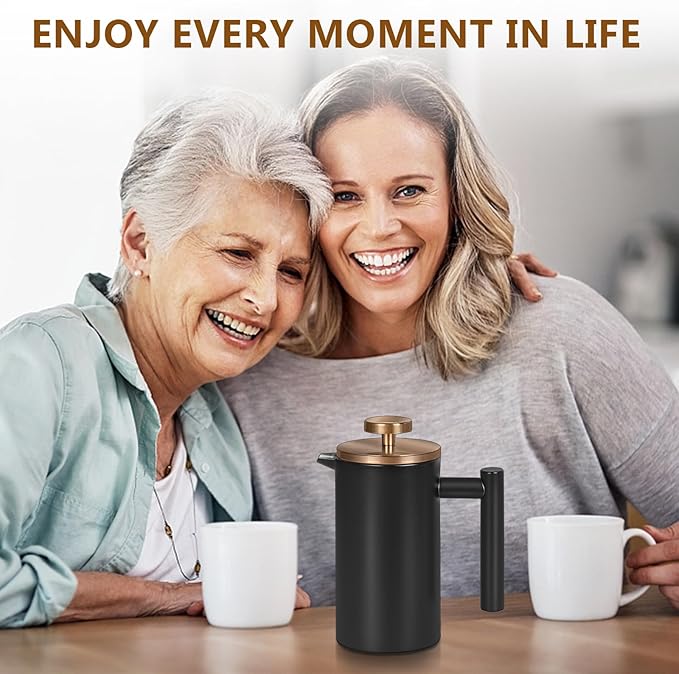 Black Stainless Steel French Press Coffee Maker Double Wall Insulated French Pressfor Coffee&ampTeawith 3 Extra Screens and a Coffee Spoon50oz/1500mlGold