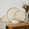 Stoneware Dinnerware Sets Plates and Bowls Sets for 4 12-Piece Ribbed Dishes – Chip &amp Scratch Resistant Microwave and Dishwasher Safe Tableware Beige