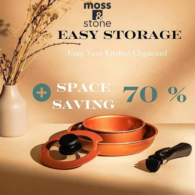 Moss &amp Stone Copper Pots And Pans Set Nonstick Removable Handle Cookware Stackable Pots And Pans Set Dishwasher safe Induction Pots And Pans Camping Cookware Set Aluminum (7 Pcs)