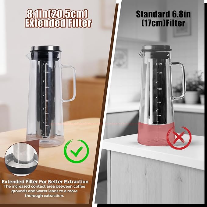 Cold Brew Coffee Maker 1.4L/48oz with Handle Extended Stainless Steel Filter for Deep Extraction Iced Tea Pitcher with Non-Slip Base Includes Cleaning Brush &amp Long Stirring Spoon