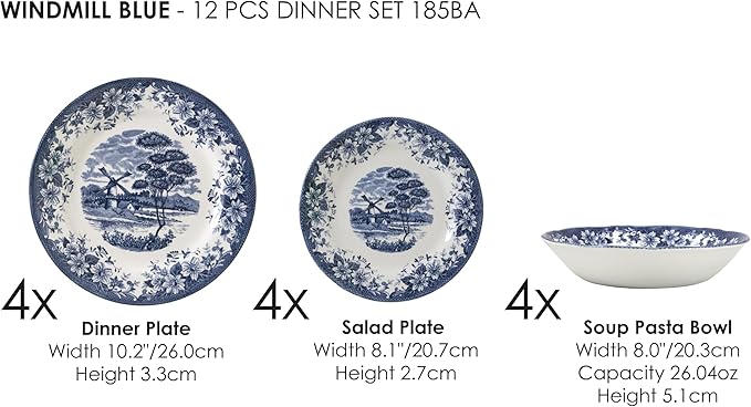 TUDOR ROYAL 12-Piece Porcelain Round Dinnerware Set Service for 4 WINDMILL BLUE Design Blue Floral Plates Bowls Dishes Premium Quality Tableware Unique Pattern Glossy
