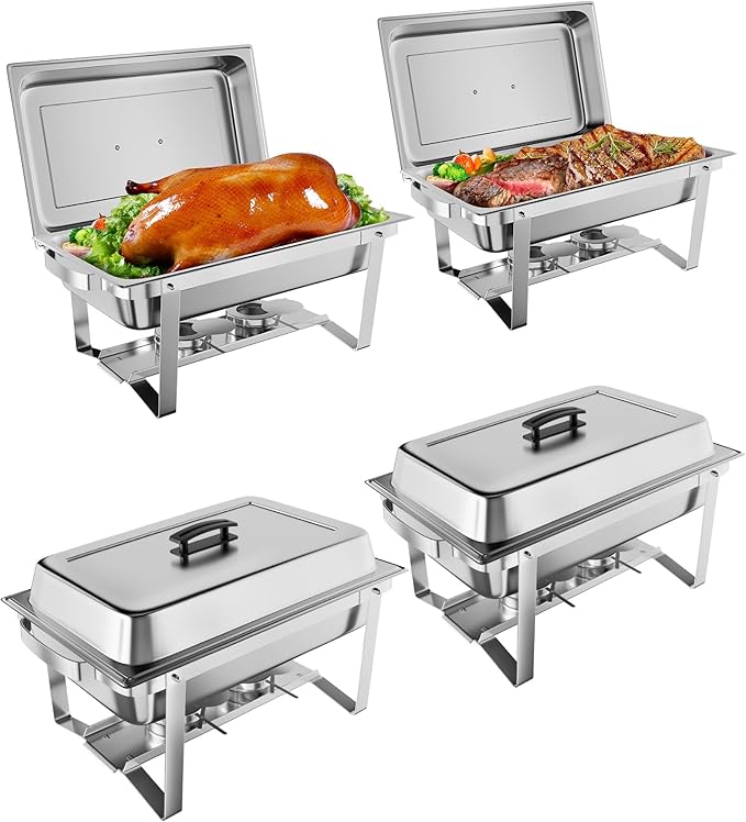 Catering Chafing Dish Set – 8QT Rectangular Stainless Steel Buffet Food Warmers – Includes Water Pan &amp Fuel Holders – Portable for Events Parties Banquets – 4-Pack Four-piece Set