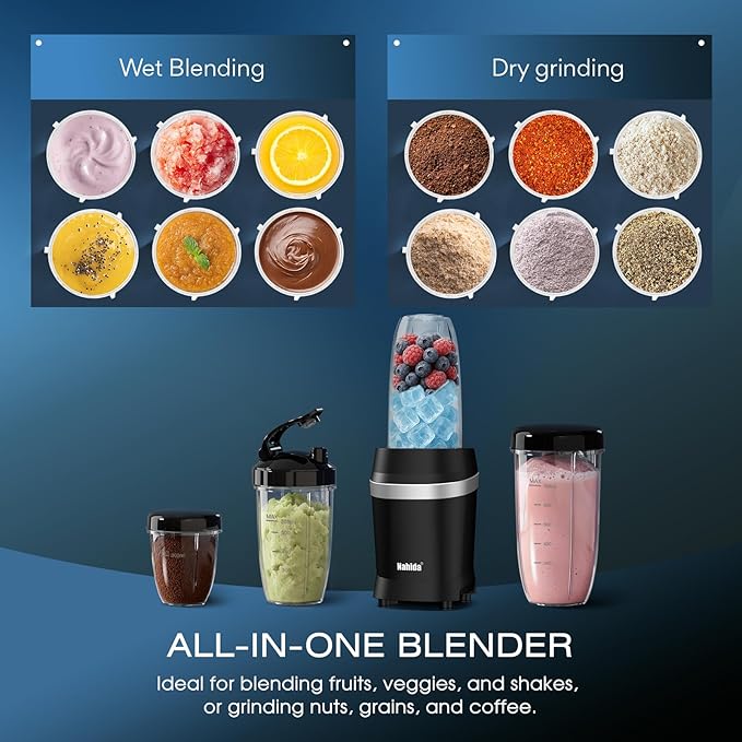 Nahida Blender for Smoothies 1200W Smoothie Blender for Ices Crushing Blenders with (2) 6-Fin Blades Personal Blenders for Kitchen with 23oz 32oz 37oz Easy Go Cups for Juices Black