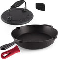 Cast Iron Skillet + Grill Press + Scraper Set - 12-inch Pre-Seasoned Frying Pan + Silicone Handle Grip - 7 Round Burger Smasher - Indoor/Outdoor Stove Oven Grill Induction Kitchen Cookware