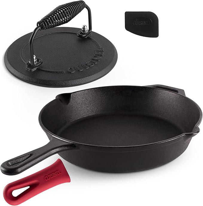 Cast Iron Skillet + Grill Press + Scraper Set - 12-inch Pre-Seasoned Frying Pan + Silicone Handle Grip - 7 Round Burger Smasher - Indoor/Outdoor Stove Oven Grill Induction Kitchen Cookware