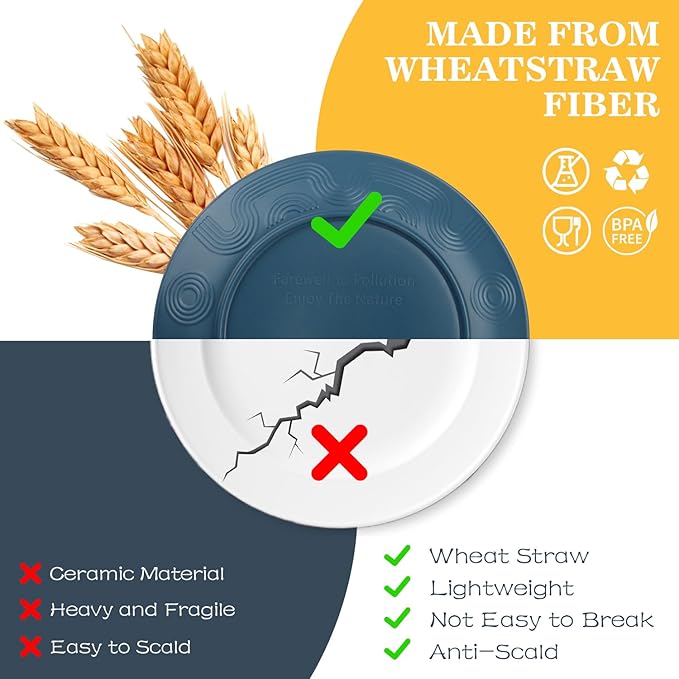 Wheat Straw Dinnerware Sets 40 PCS| Plates and Bowls Sets for 8 Unbreakable Dinner Plate Dessert Plates Cereal Bowl Drinking Cups Microwave Safe Dishes Set for Kitchen Outdoor - Multi