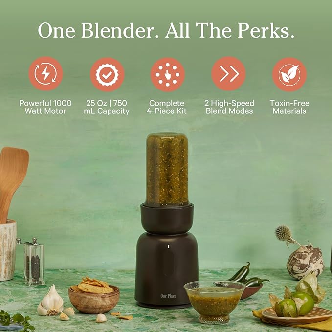 Our Place Splendor Blender - 1000W High-Power | Ultra-Sharp Blades | 2 Blending Modes | Includes 25 oz Personal Cup and Drinking Lid Set | Smoothies Shakes &amp More | Char