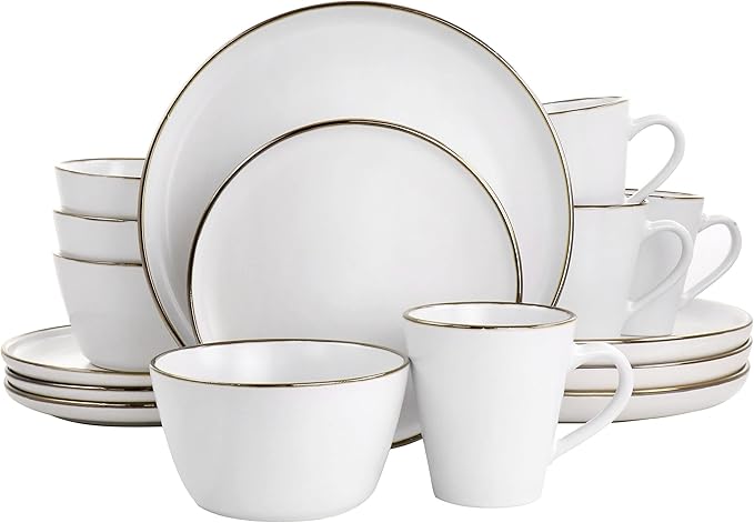 Unknown1 16 Piece Stoneware Dinnerware Set in Matte White with Gold Rim Solid Modern Contemporary Round Dishwasher Safe
