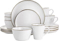 Unknown1 16 Piece Stoneware Dinnerware Set in Matte White with Gold Rim Solid Modern Contemporary Round Dishwasher Safe