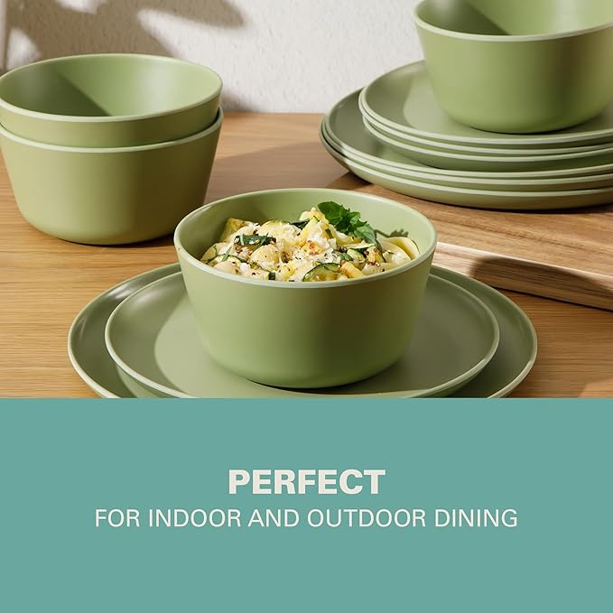 Gibson Home Fairhope 12-Piece Matte Green Melamine Dinnerware Set – Durable Lightweight Plates and Bowls Kitchen Dining Set