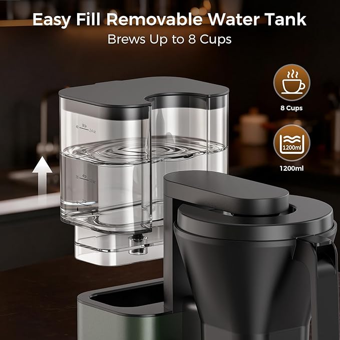 Kismile 8 Cup Drip Coffee Maker Machine Pour Over Coffee Brew with 3s Instant Heat 197-205℉ Removable Water Tank Adjustable Flow Control Deep Cold Brew &amp Keep Warm 40 Min Easy to Clean (Junip