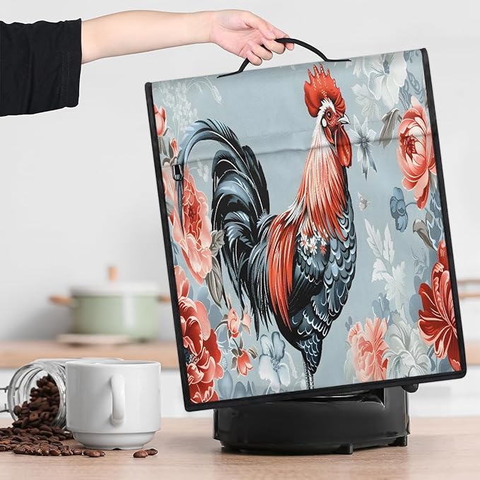 Kitchen Aid Mixer Cover Watercolor Rooster Chicken Floral Stand Mixer Cover Compatible with 6-8 Quarts Stand Mixers Dust Covers with Zipper Pocket Foldable Washable Kitchen Aid Organizer Bag