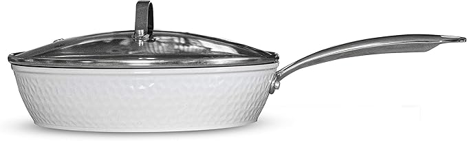 Luxurious Non-Stick Ceramic 12 Inch White Hammered Pan with Lid Lightweight Scratch-Resistant Dishwasher Safe Oven Safe up to 500°F Suitable for All Stove Types