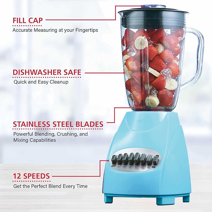 12-Speed Countertop Blender with Pulse Function – 50oz BPA-Free Jar Stainless Steel Blades Ice Crusher &amp Smoothie Maker 350W Kitchen Blender (Blue)