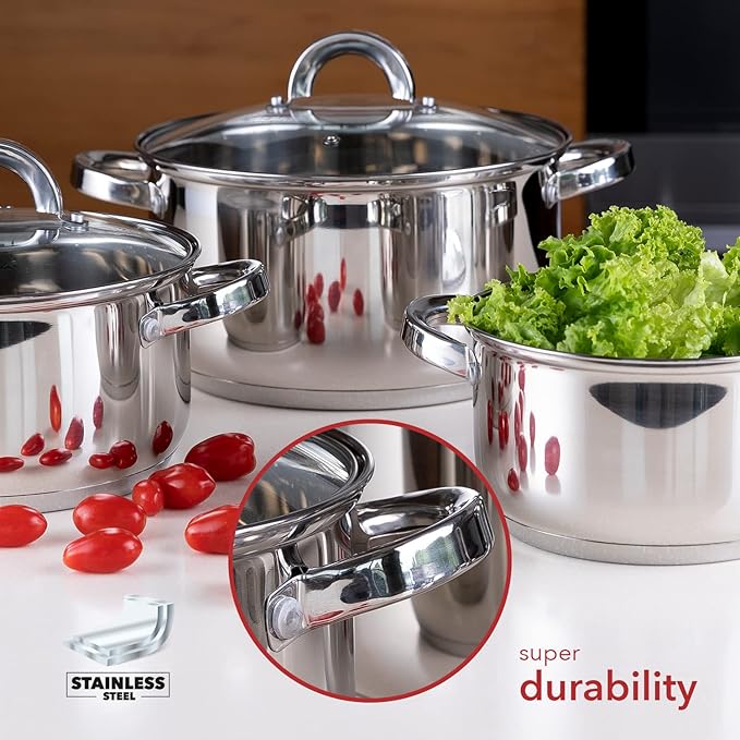 FLORINA 8-Piece Stainless Steel Saucepan Set | Pots with Glass Lid | Induction Gas Electric Cooker Compatible
